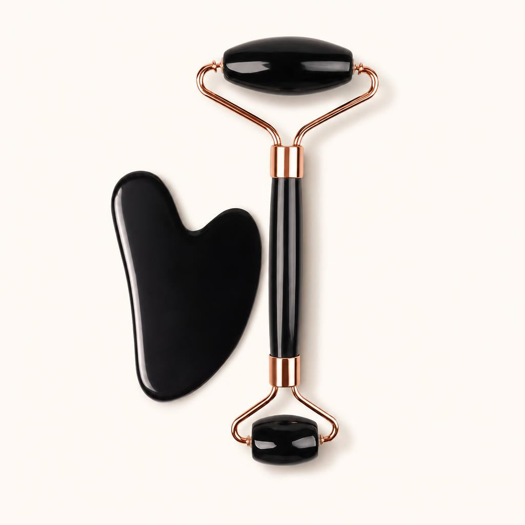Set facial de hielo · Rodillo + gua sha · Negro