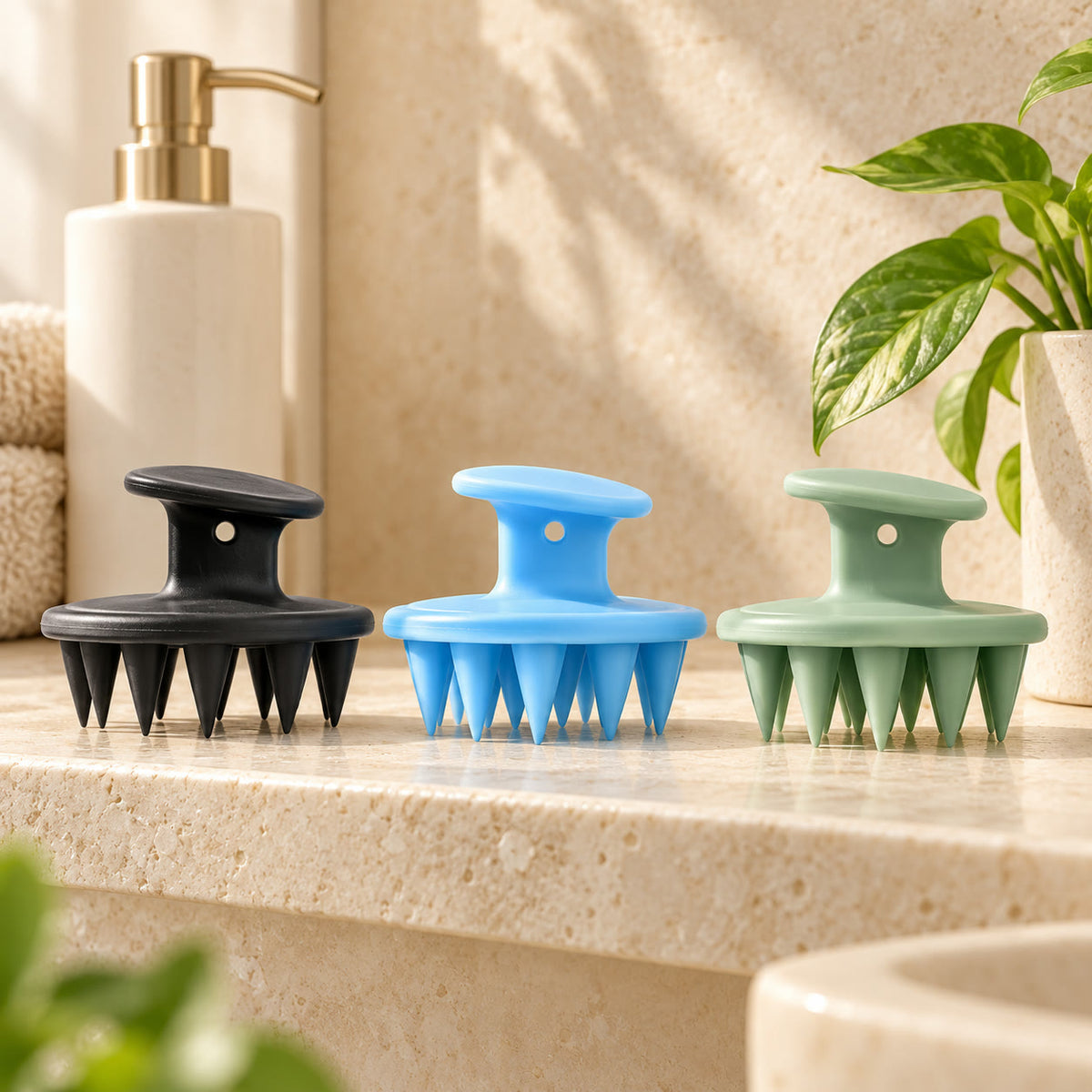 Cepillos masajeadores en negro, azul y verde