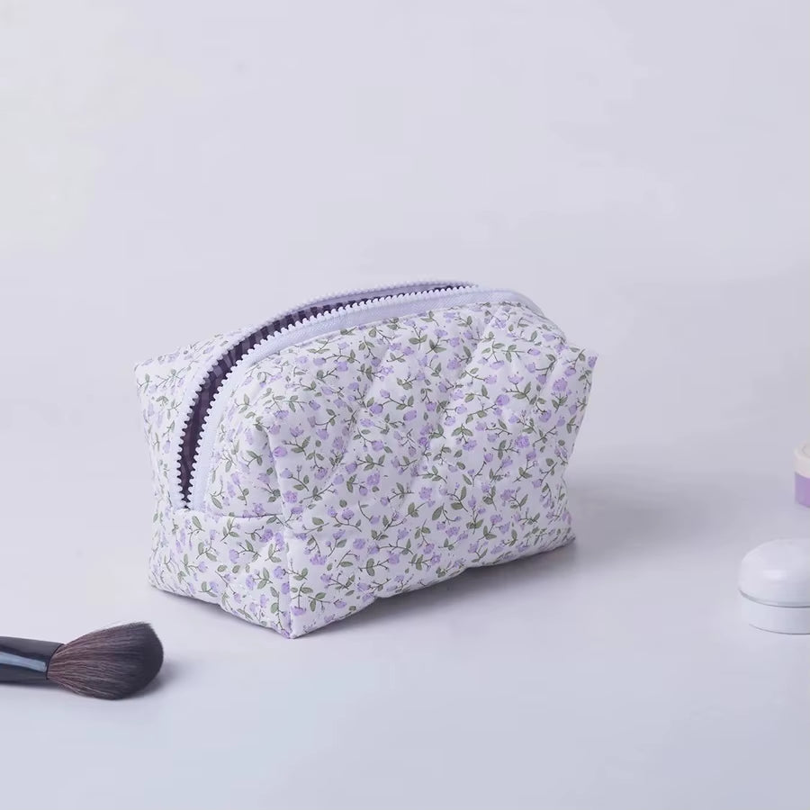 Storage Organizer Floral Puffy Quilted Makeup Bag Flower Printed Cosmetic Pouch Large Travel Cosmetic Bag Makeup Accessory