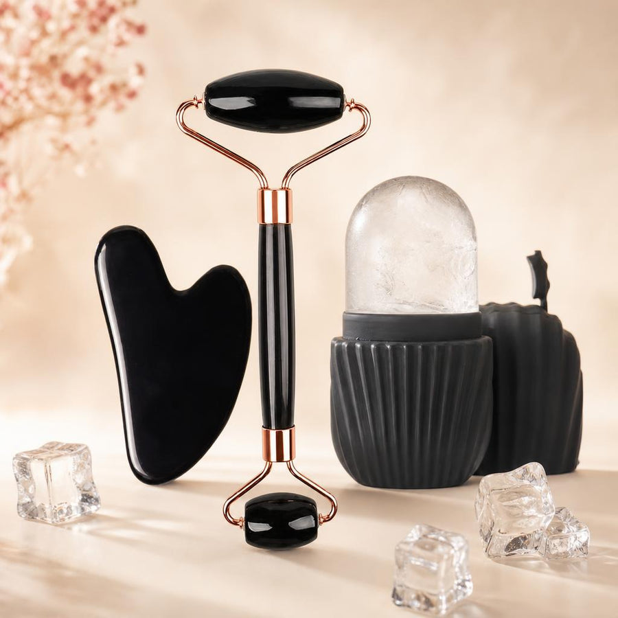 Set de rodillo facial, gua sha y molde de hielo